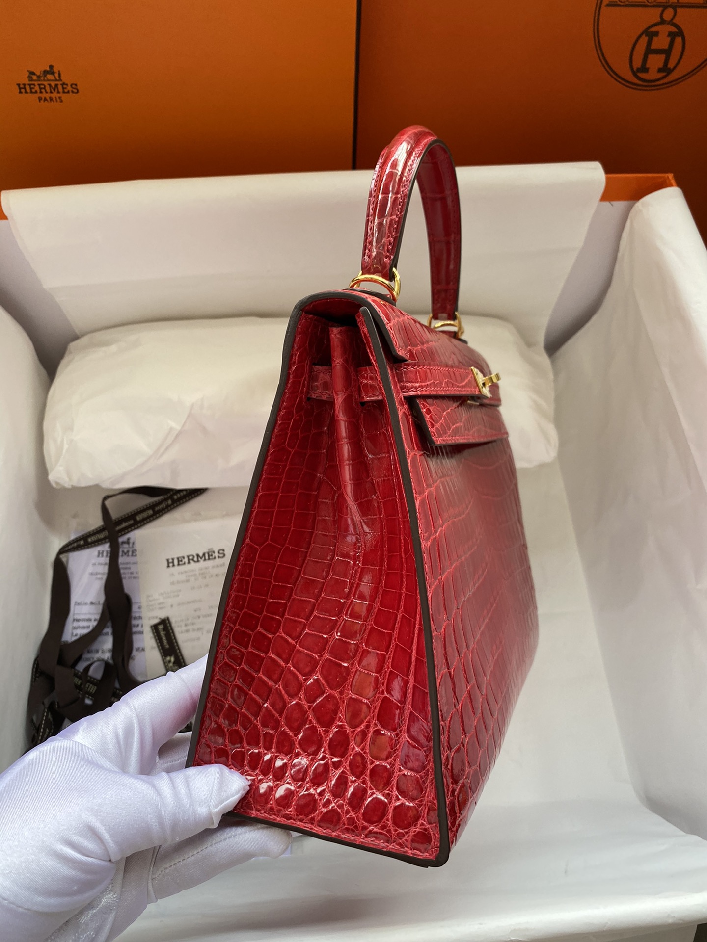 Hermes Kelly 25cm Handbag Shoulder Bag In Red Shiny Crocodile Niloticus Leather